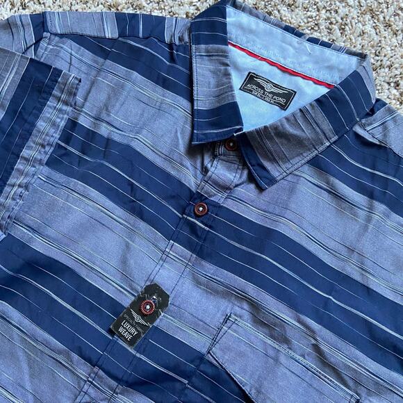Across the Pond Button Up Shirt Men's XL Blue Gray Striped Short Sleeve Workwear - Picture 1 of 7